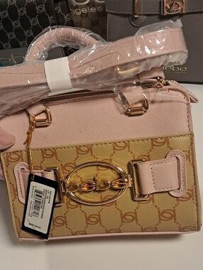 bebe Pink and Beige Logo Satchel with Gold Accents